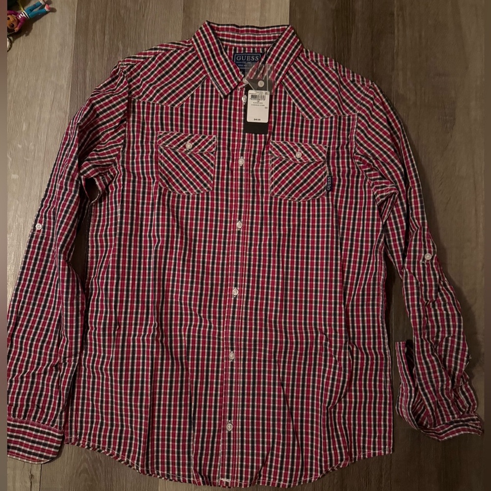 Guess Boys Long Sleeve Adjustable Poplin Shirt Blue/Red Check Size 18 Years NWT